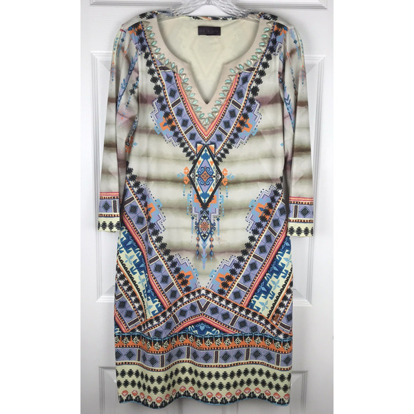 Hale Bob V-Neck Long Sleeve Dress Stretch Knee Length Beaded Multicolor Small - Picture 1 of 16
